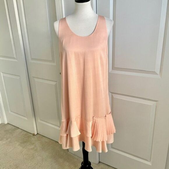 Banana Republic Pink Satin Ruffle Racer Back Layered Dress Size 14 - Picture 1 of 5
